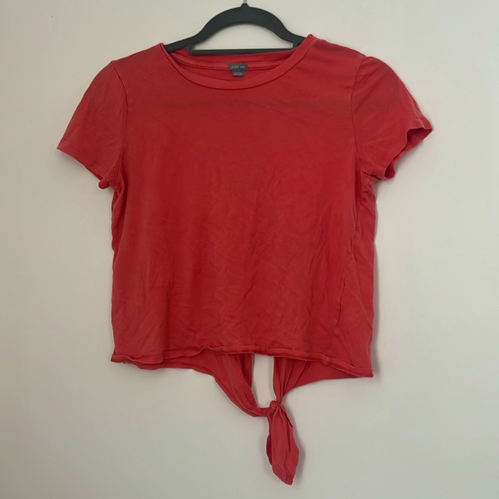 Aerie Cropped vibrant peach tie T-shiet with embodied “Ciao Beaches” on back
